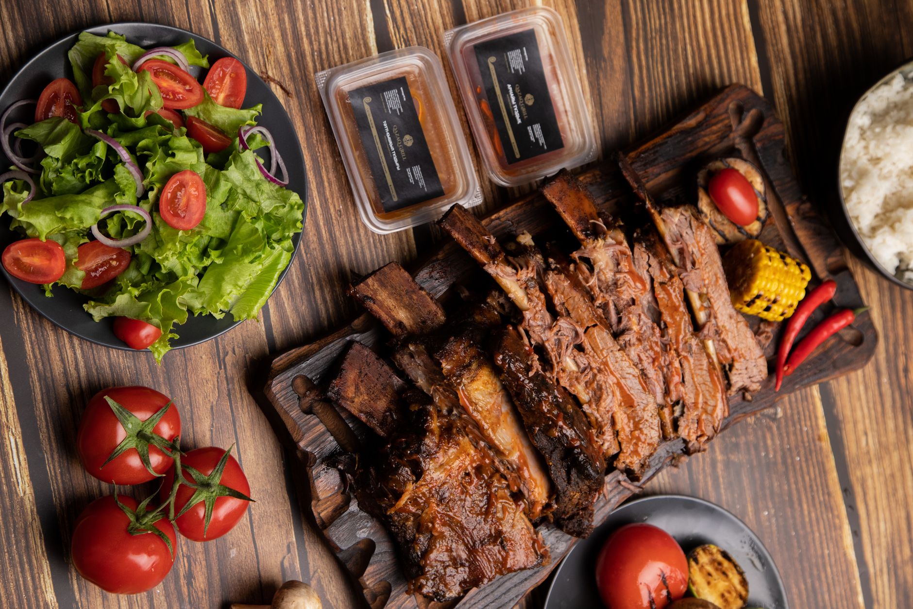 A spread of ribs, brisket and sides